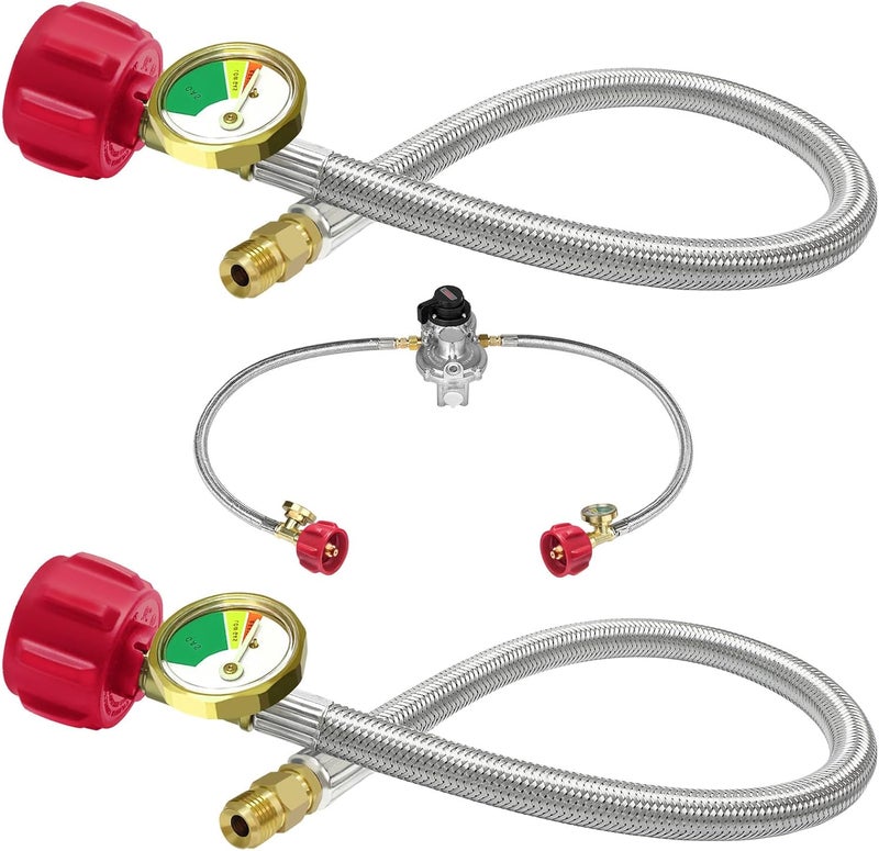 MEFUN RV Propane 2-Stage Auto Changeover LP Propane Gas Regulator with Two 18" RV Pigtail Propane Stainless Braided Hoses with Gauge, Dual Propane Tank Regulator for RVs, Vans, Trailers,Camper - Image 3